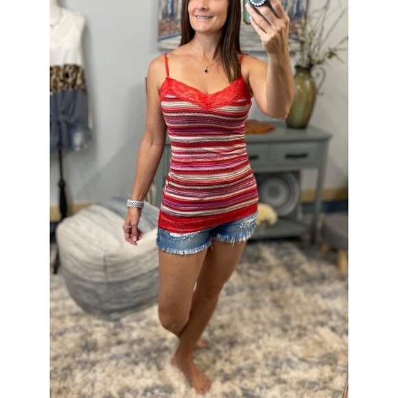 ❤️‍🔥Striped Low Cut Cleavage Retro Lace Summer Tank Cami Top Tunic Red 0125 - Picture 2 of 4